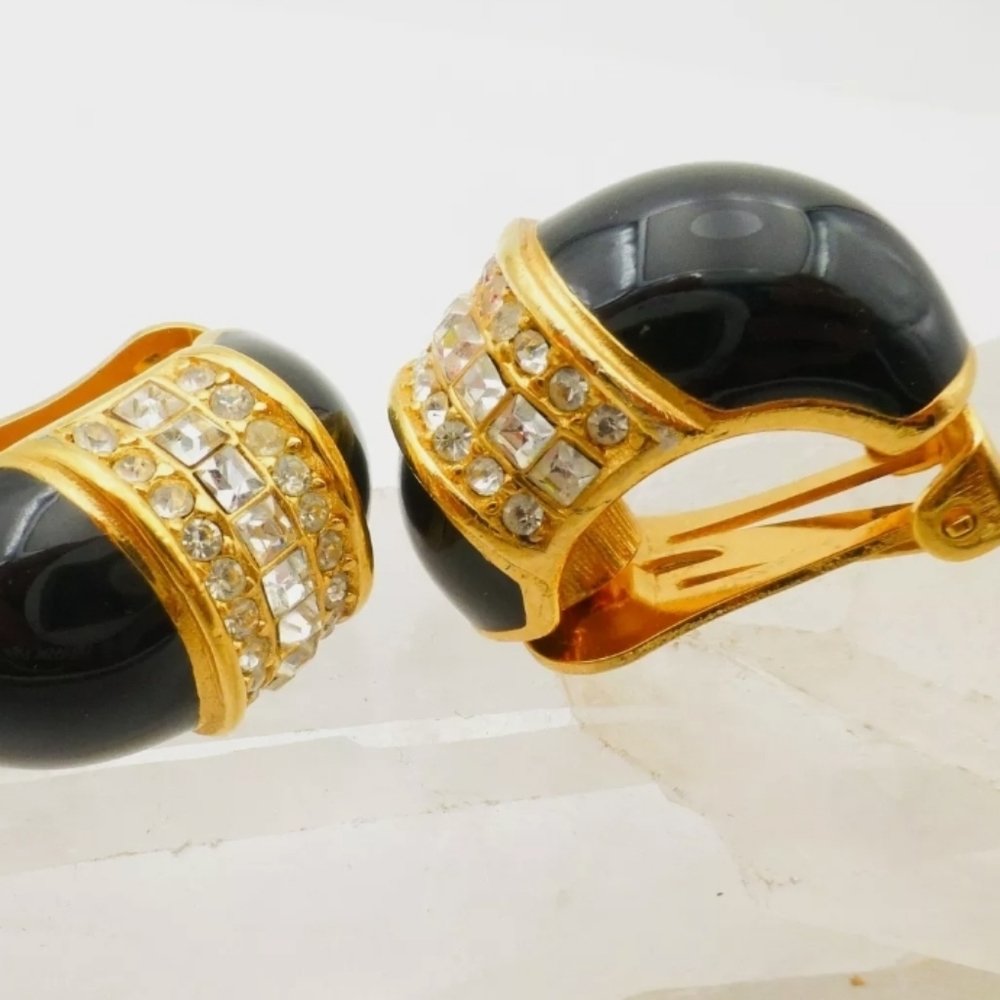 VTG Dior Crystal Black Enamel Cabochon And CRYSTAL Earrings